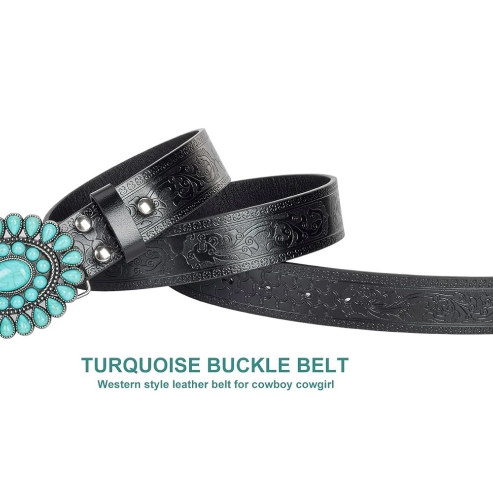 Black and Blue Belt with Turquoise Concho Buckle - Picture 5 of 6